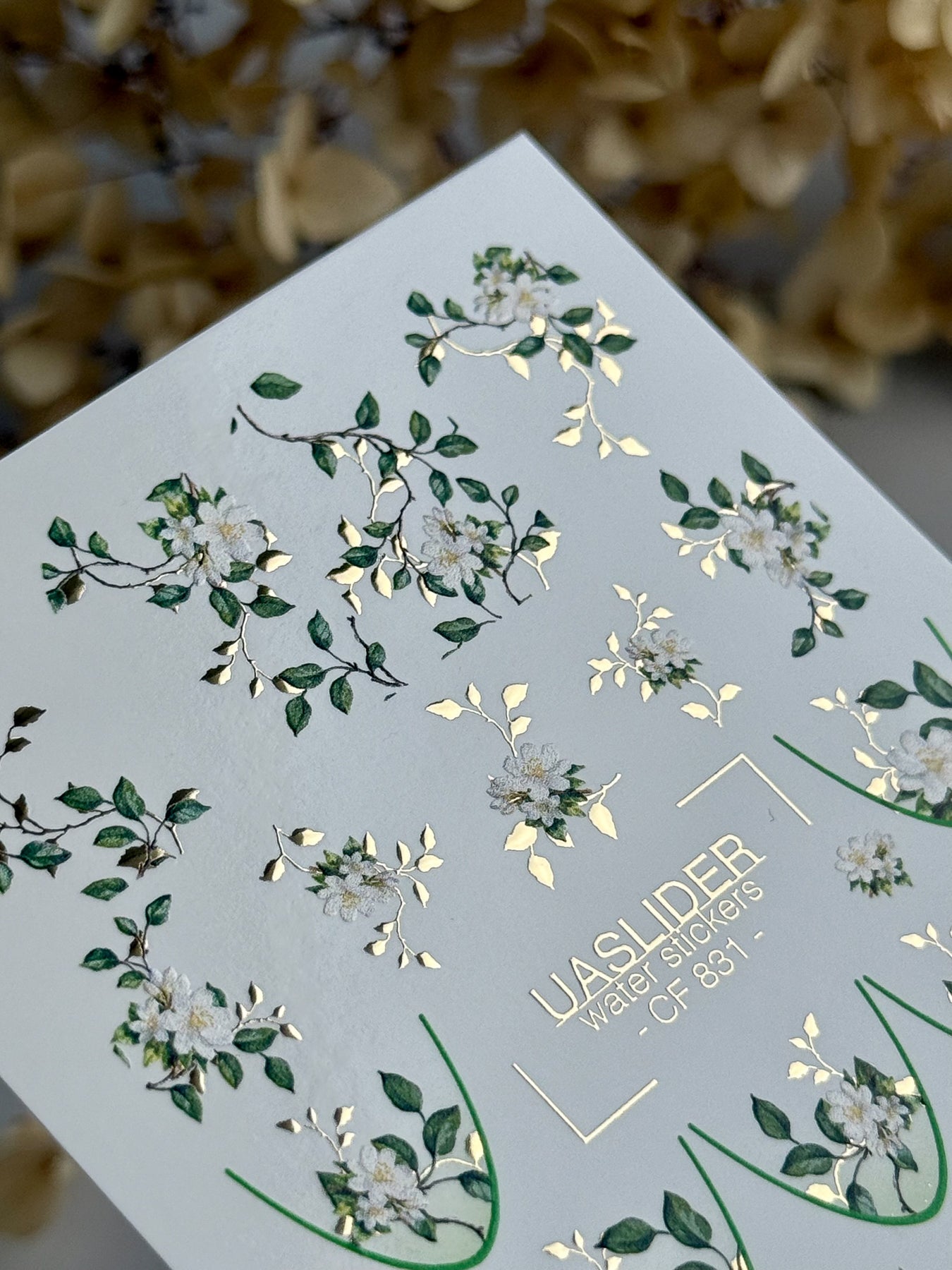 White Blossom Nail Decals — Floral Branch Gold Foil | CF - 831 - UASLIDER