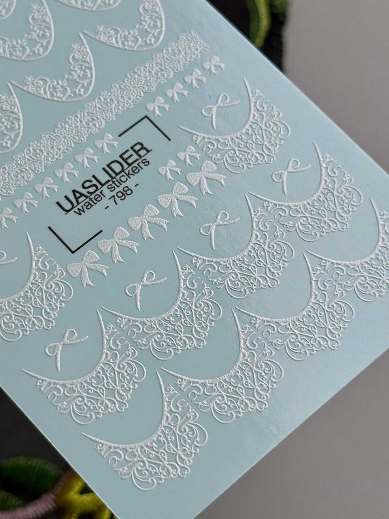 White Lace Bow Nail Decals — Baroque Scroll French Tips | 798 - UASLIDER