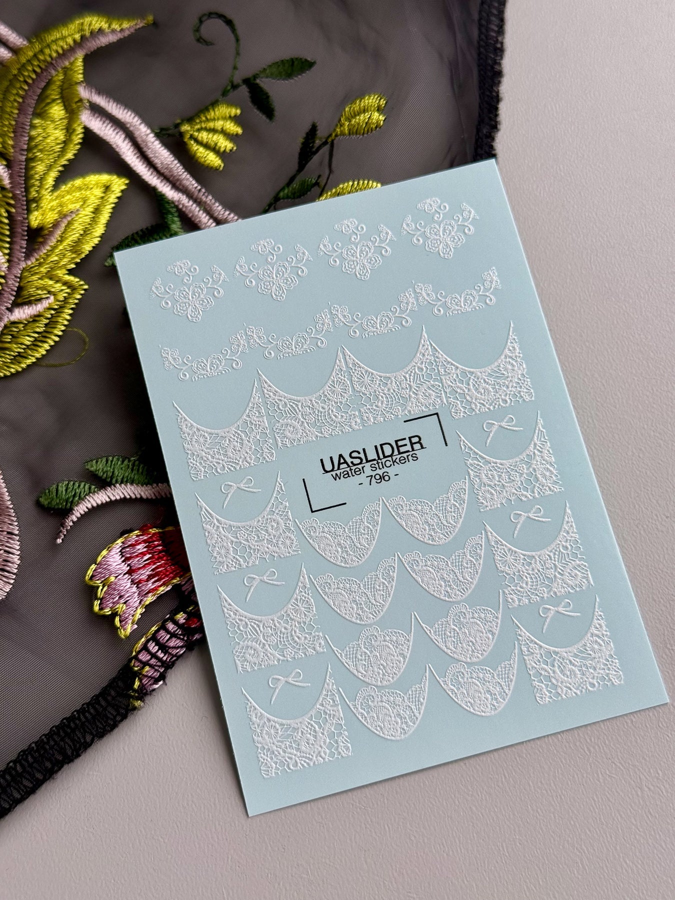 White Lace Nail Decals — Floral French Tips & Bow Accents | 796 - UASLIDER