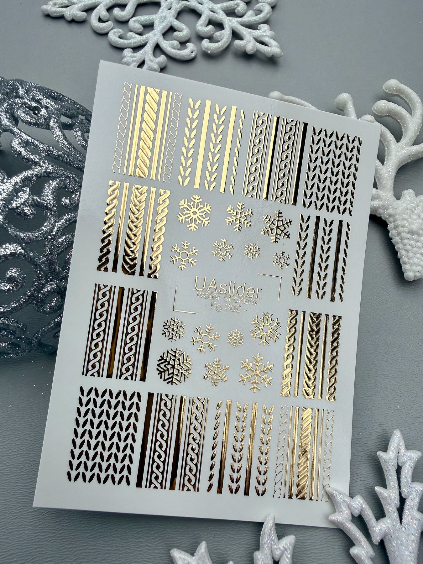 Winter Nail Decals — Gold Foil Knit Texture Strips & Snowflakes | Fg-309 - UASLIDER