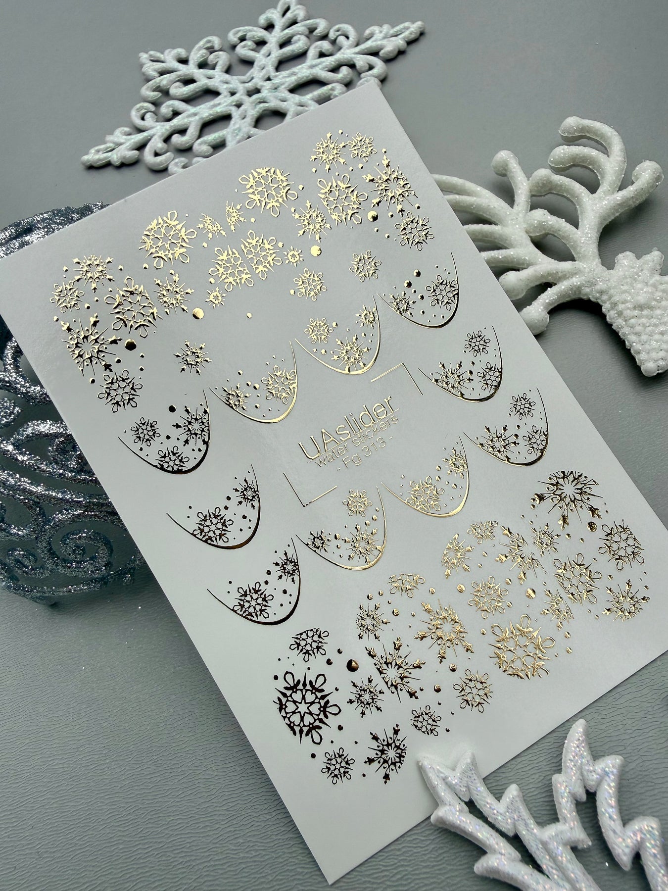 Winter Nail Decals — Gold Foil Snowflake Moon & French Tips | Fg-313 - UASLIDER