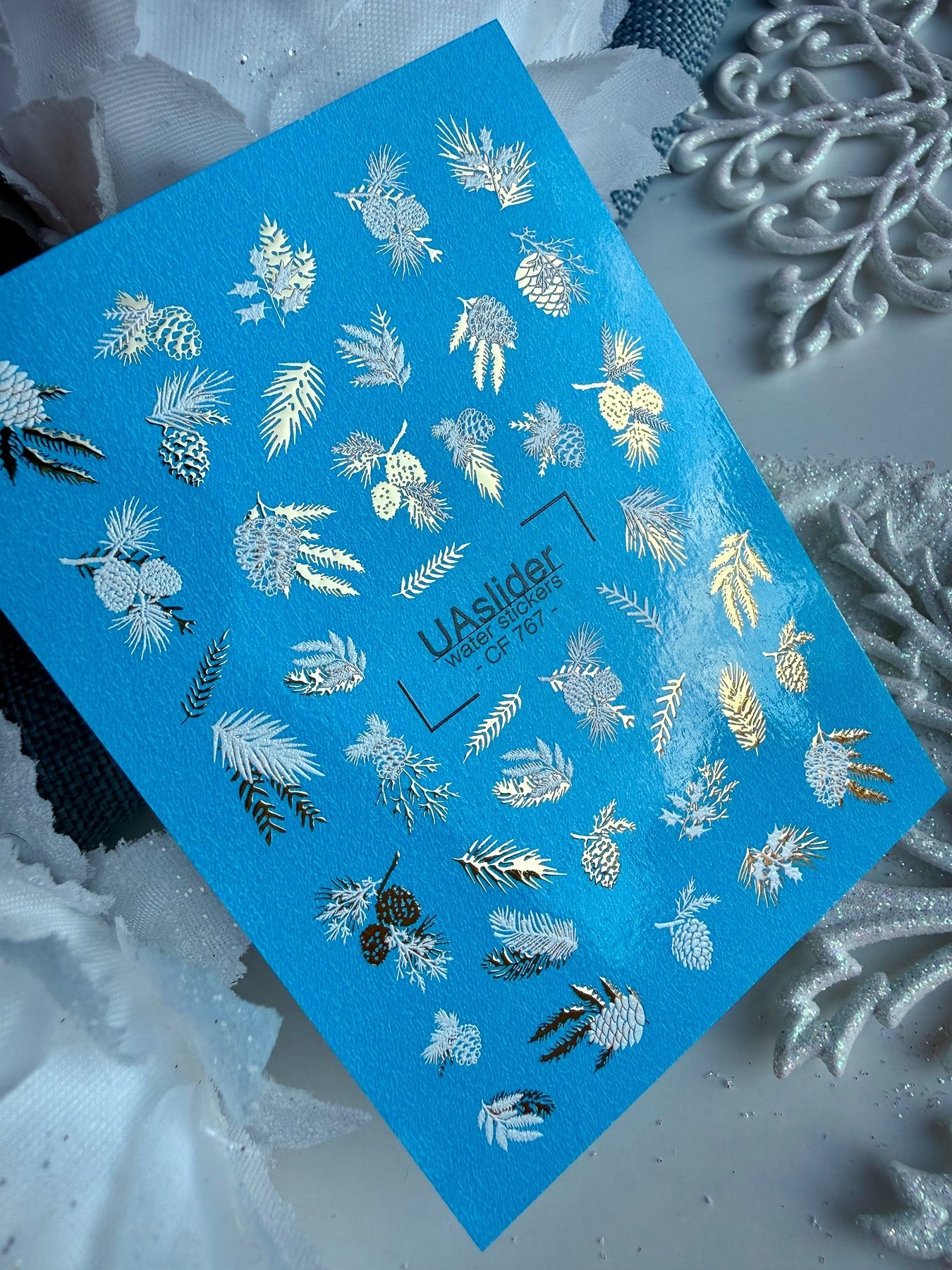 Winter Nail Decals — Pine Branches, Cones & Gold Foil | CF-767 - UASLIDER