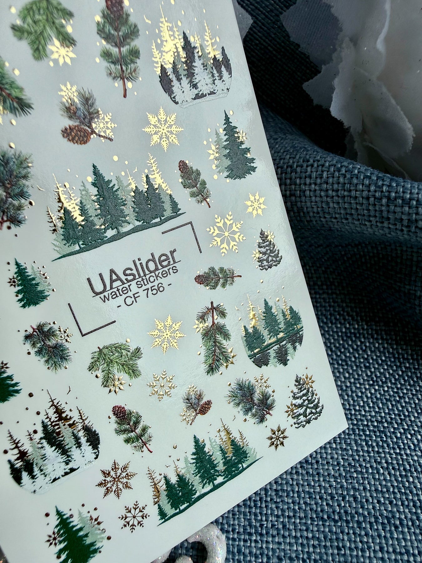 Winter Nail Decals — Pine Forest, Pinecones & Gold Foil Snowflakes | CF-756 - UASLIDER