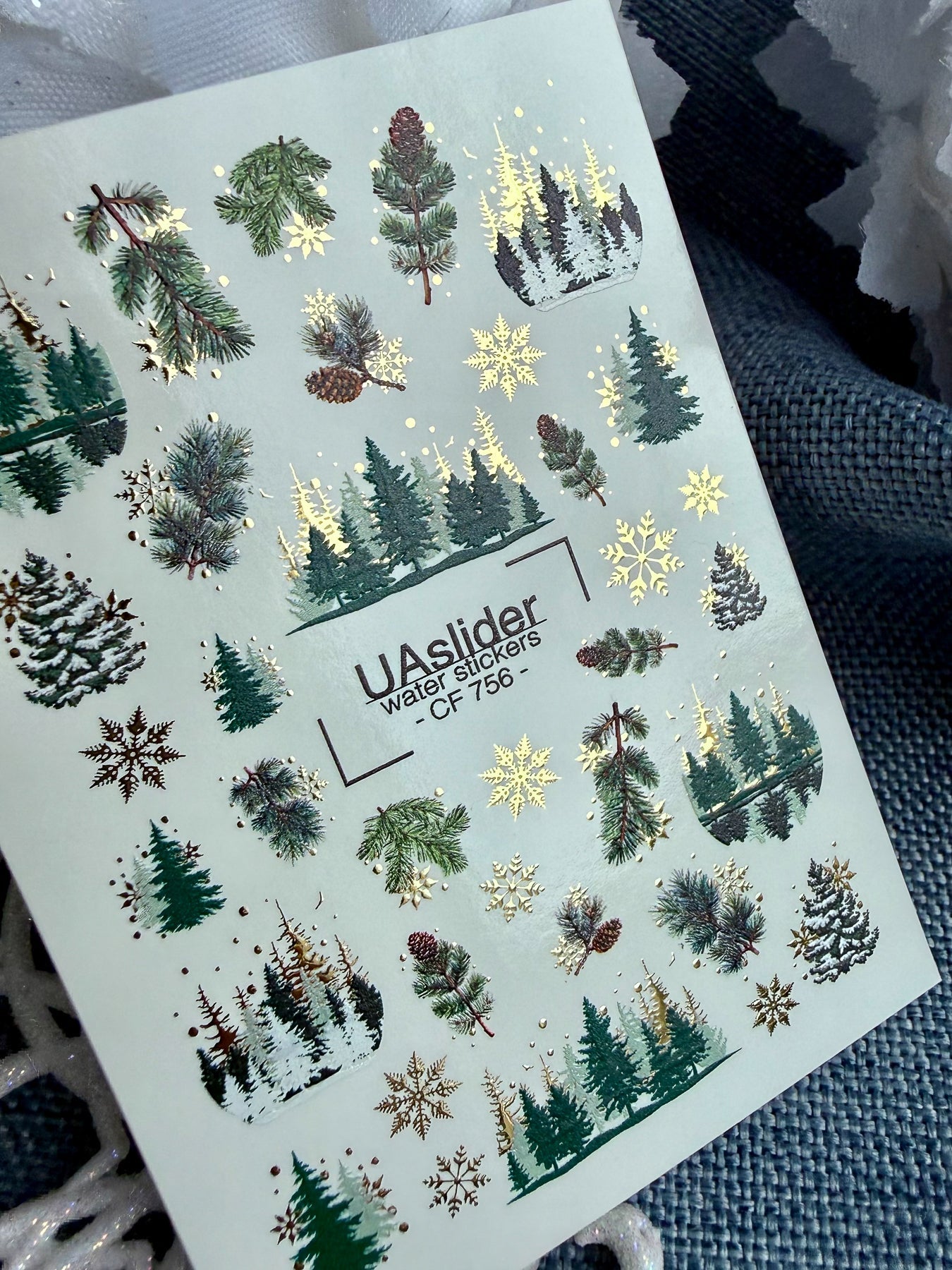 Winter Nail Decals — Pine Forest, Pinecones & Gold Foil Snowflakes | CF-756 - UASLIDER