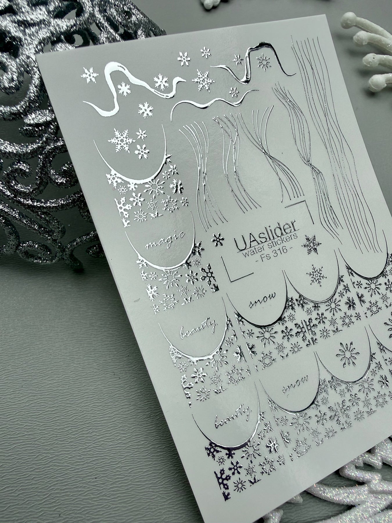 Winter Nail Decals — Snowflake French Tips & Silver Foil Script | Fs-316 - UASLIDER